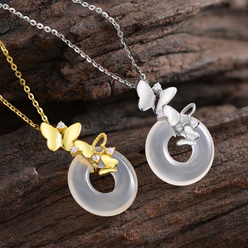 Buddha Stones 925 Srebro Sterling Motyl Chalcedon Klamra Pokoju Błogosławieństwo Szczęście Naszyjnik Wisiorek