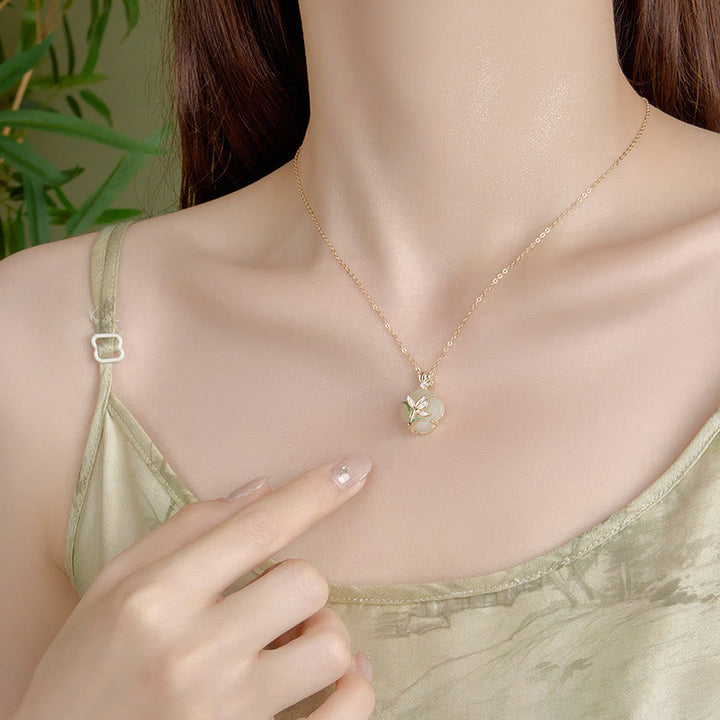 Buddha Stones 925 Srebro Sterlingowe Magnolia Motyl Hetian Jade Czterolistna Koniczyna Kolczyki Błogosławieństwo Naszyjnik Wisiorek - image 3