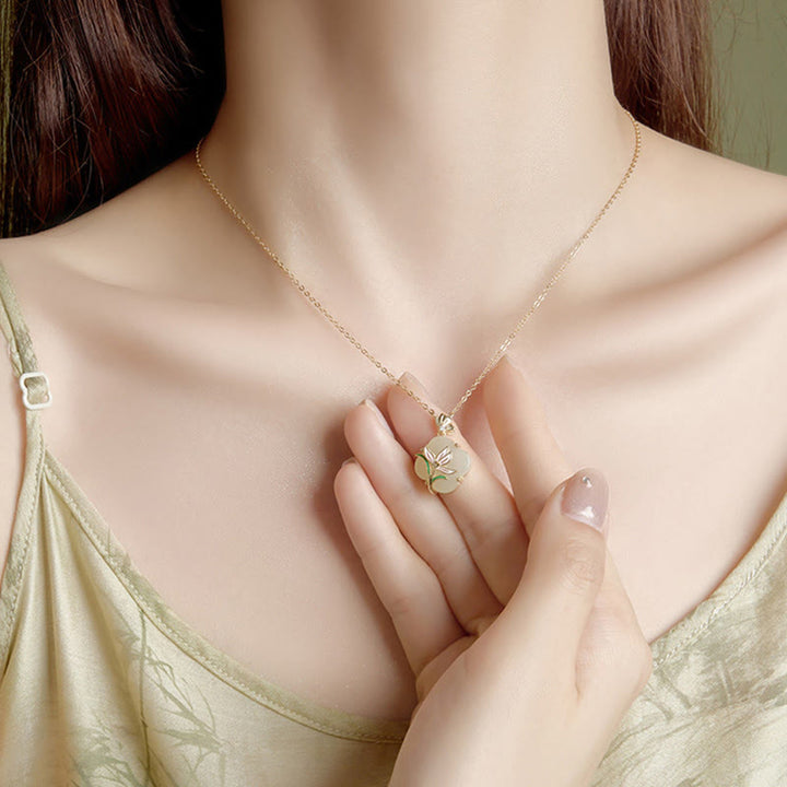 Buddha Stones 925 Srebro Sterlingowe Magnolia Motyl Hetian Jade Czterolistna Koniczyna Kolczyki Błogosławieństwo Naszyjnik Wisiorek - image 2
