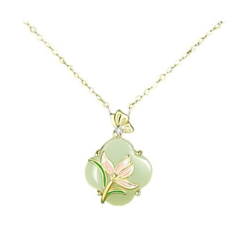 Buddha Stones 925 Srebro Sterlingowe Magnolia Motyl Hetian Jade Czterolistna Koniczyna Kolczyki Błogosławieństwo Naszyjnik Wisiorek - image 1