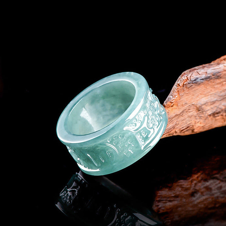 Buddha Stones Naturalny Jadeit Om Mani Padme Hum Rzeźbiony Pierścień Dobrobytu