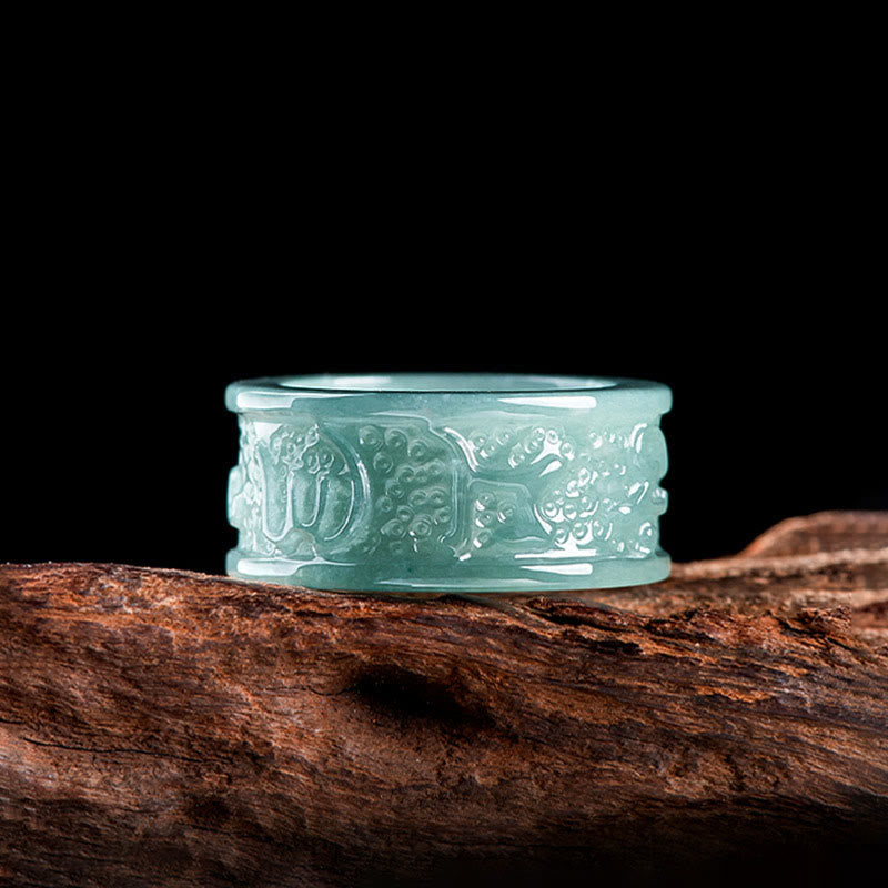 Buddha Stones Naturalny Jadeit Om Mani Padme Hum Rzeźbiony Pierścień Dobrobytu - image 2