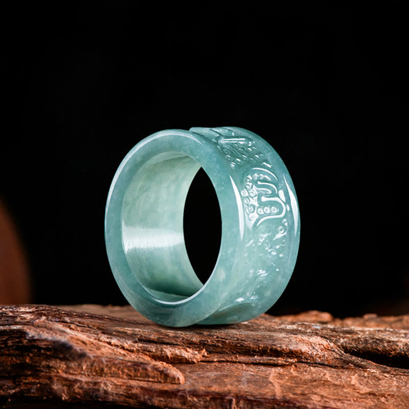 Buddha Stones Naturalny Jadeit Om Mani Padme Hum Rzeźbiony Pierścień Dobrobytu