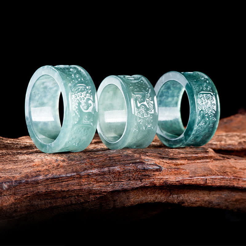 Buddha Stones Naturalny Jadeit Om Mani Padme Hum Rzeźbiony Pierścień Dobrobytu