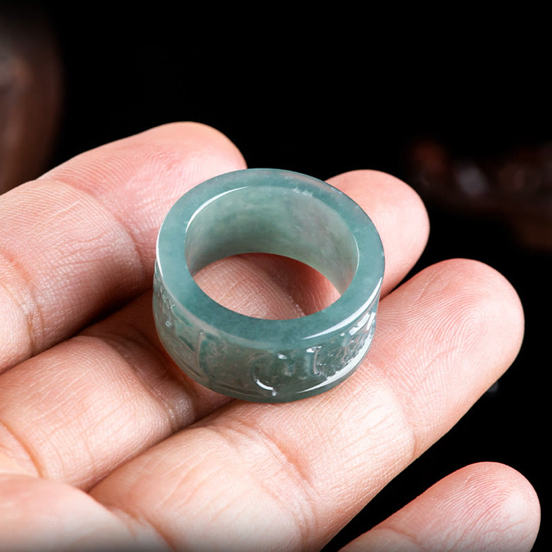 Buddha Stones Naturalny Jadeit Om Mani Padme Hum Rzeźbiony Pierścień Dobrobytu