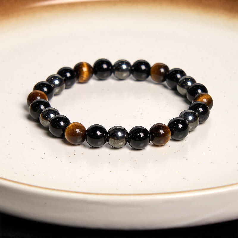 Buddha Stones Naturalne Tygrysie Oko Obsydian Hematyt Pozytywna Potężna Bransoletka