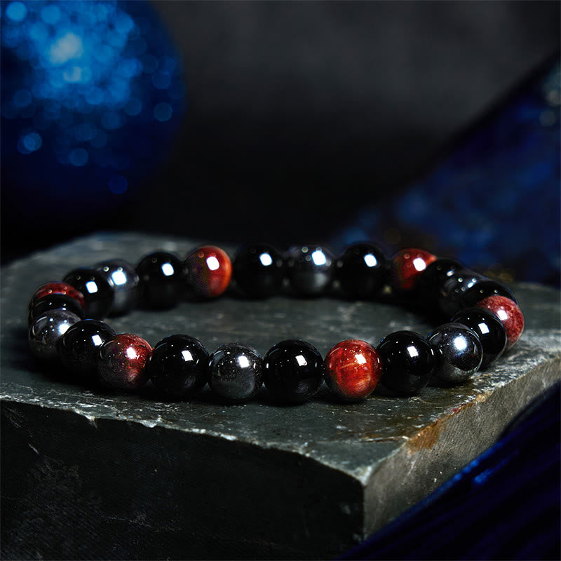 Buddha Stones Naturalne Tygrysie Oko Obsydian Hematyt Pozytywna Potężna Bransoletka