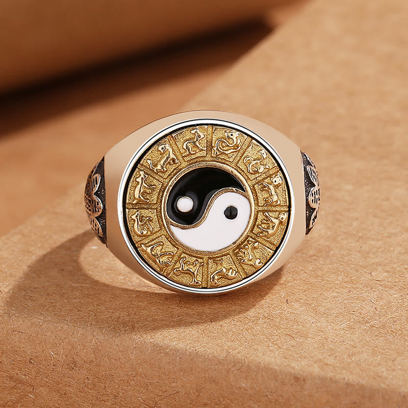 Buddha Stones Yin Yang Chiński Zodiak Miedź Bogactwo Regulowany Pierścień