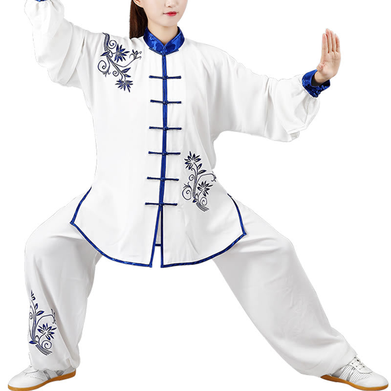 Buddha Stones 2 szt. Jesienne niebieskie haftowane kwiaty żaba-guzik Tai Chi medytacja Qigong Zen praktyka Unisex bawełniany zestaw ubrań