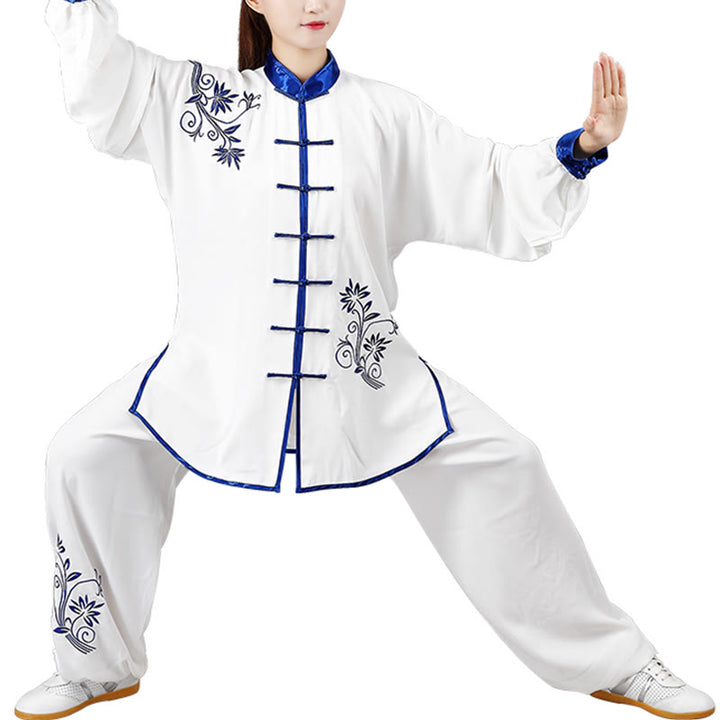 Buddha Stones 2 szt. Jesienne niebieskie haftowane kwiaty żaba-guzik Tai Chi medytacja Qigong Zen praktyka Unisex bawełniany zestaw ubrań