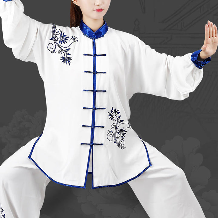 Buddha Stones 2 szt. Jesienne niebieskie haftowane kwiaty żaba-guzik Tai Chi medytacja Qigong Zen praktyka Unisex bawełniany zestaw ubrań