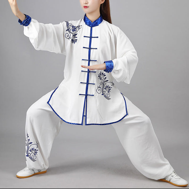 Buddha Stones 2 szt. Jesienne niebieskie haftowane kwiaty żaba-guzik Tai Chi medytacja Qigong Zen praktyka Unisex bawełniany zestaw ubrań