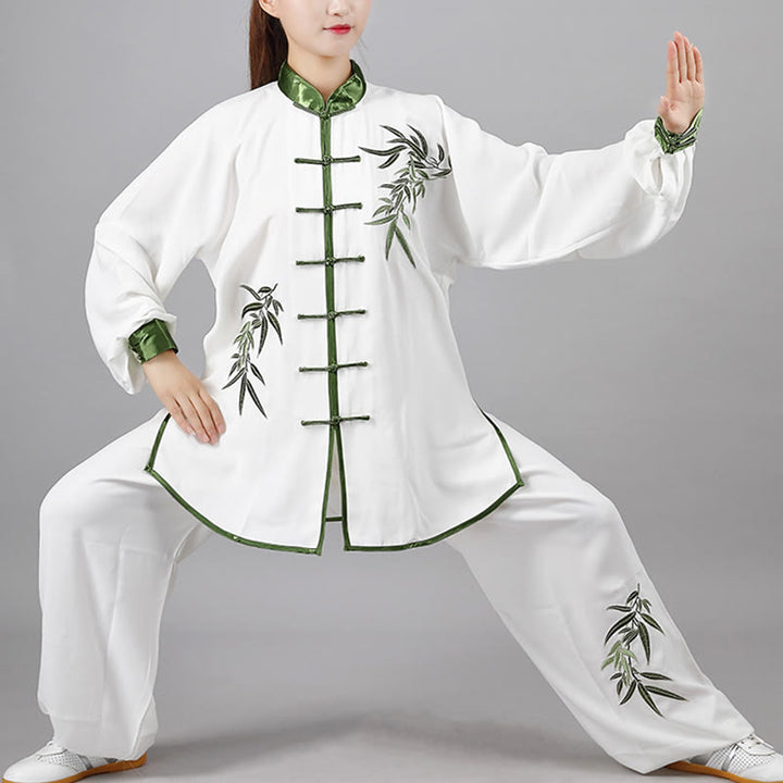 Buddha Stones 2 szt. Jesienne zielone liście bambusa haft żaba-guzik Tai Chi medytacja Qigong Zen praktyka Unisex bawełniany zestaw ubrań
