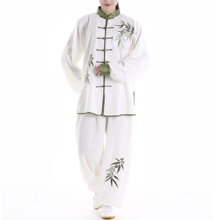 Buddha Stones 2 szt. Jesienne zielone liście bambusa haft żaba-guzik Tai Chi medytacja Qigong Zen praktyka Unisex bawełniany zestaw ubrań - image 3