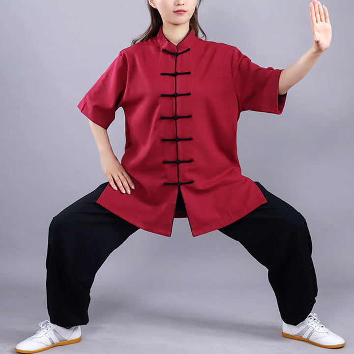 Buddha Stones 2 szt. Jesień Zima Żaba-Guzik Tai Chi Medytacja Qigong Zen Praktyka Unisex Bawełna Lniany Zestaw Ubrań - Krótki rękaw w kolorze czerwonego wina - 3XL- PASUJE DO USA/UK/AU/EU- XL - image 11