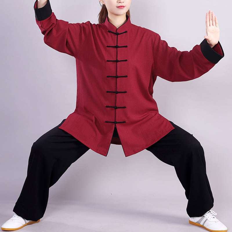 Buddha Stones 2 szt. Jesień Zima Żaba-Guzik Tai Chi Medytacja Qigong Zen Praktyka Unisex Bawełna Lniany Zestaw Ubrań - image 1