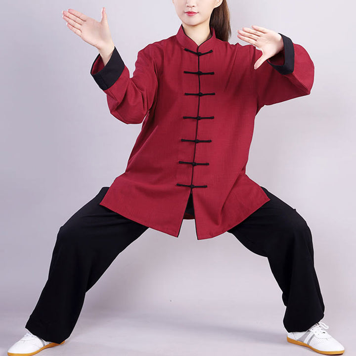 Buddha Stones 2 szt. Jesień Zima Żaba-Guzik Tai Chi Medytacja Qigong Zen Praktyka Unisex Bawełna Lniany Zestaw Ubrań - Bordowo-czerwony (podszewka polarowa) - 3XL- PASUJE DO USA/ UK/AU/ EU- XL - image 0