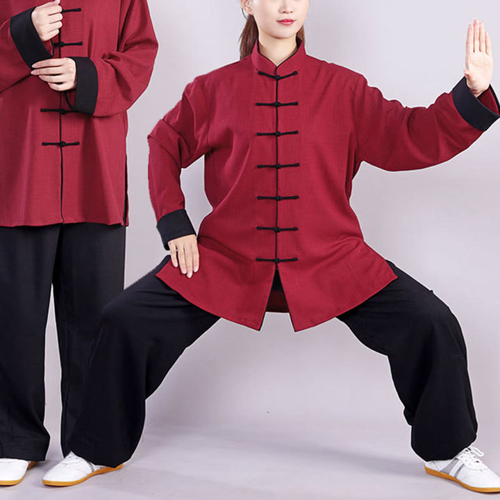 Buddha Stones 2 szt. Jesień Zima Żaba-Guzik Tai Chi Medytacja Qigong Zen Praktyka Unisex Bawełna Lniany Zestaw Ubrań - image 3