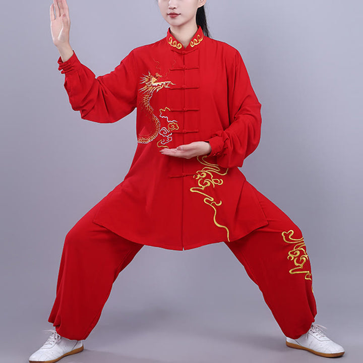 Buddha Stones 2 szt. Jesienny haft Smok Żaba-Guzik Tai Chi Medytacja Qigong Zen Praktyka Unisex Zestaw Ubrań Bawełnianych