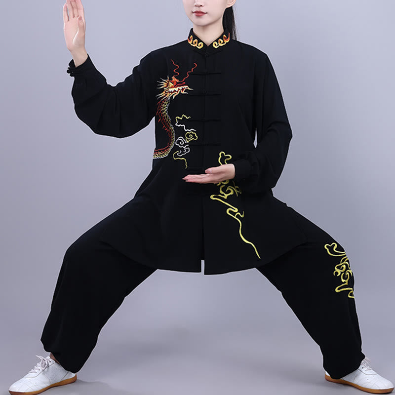 Buddha Stones 2 szt. Jesienny haft Smok Żaba-Guzik Tai Chi Medytacja Qigong Zen Praktyka Unisex Zestaw Ubrań Bawełnianych
