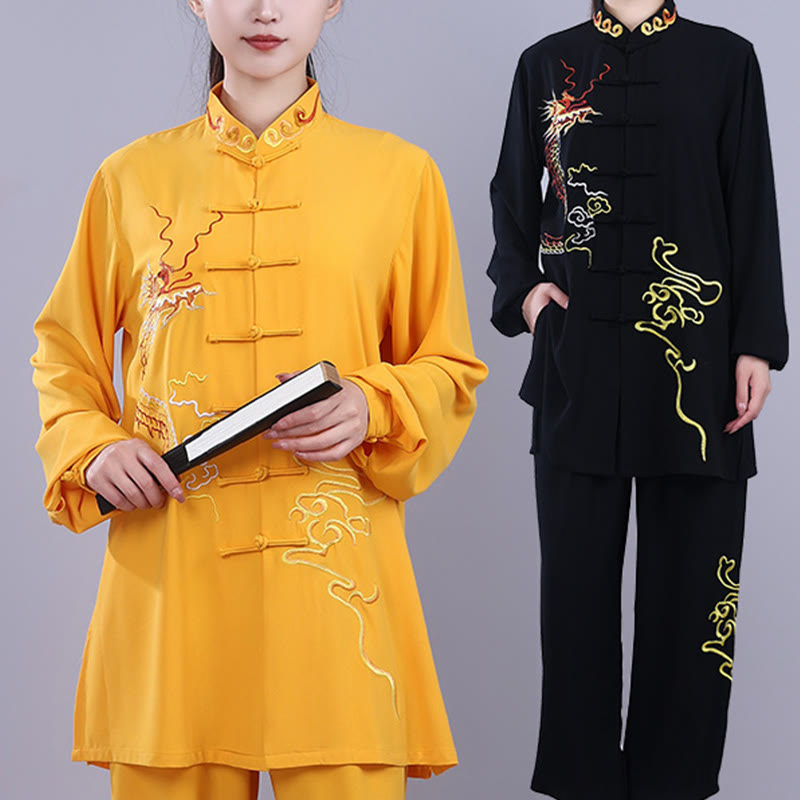 Buddha Stones 2 szt. Jesienny haft Smok Żaba-Guzik Tai Chi Medytacja Qigong Zen Praktyka Unisex Zestaw Ubrań Bawełnianych