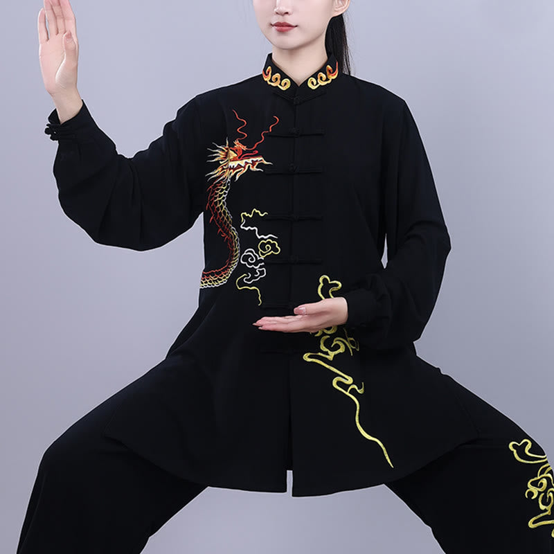 Buddha Stones 2 szt. Jesienny haft Smok Żaba-Guzik Tai Chi Medytacja Qigong Zen Praktyka Unisex Zestaw Ubrań Bawełnianych