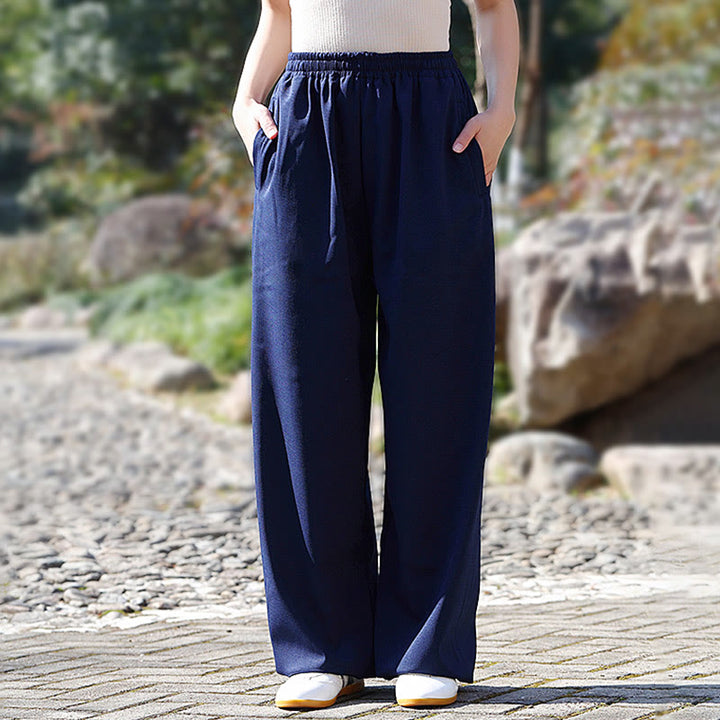 Buddha Stones Jesień Zima Unisex Elastyczna Tai Chi Qigong Praktyka Bawełna Len Polar Podszewka Spodnie Z Kieszeniami - image 1