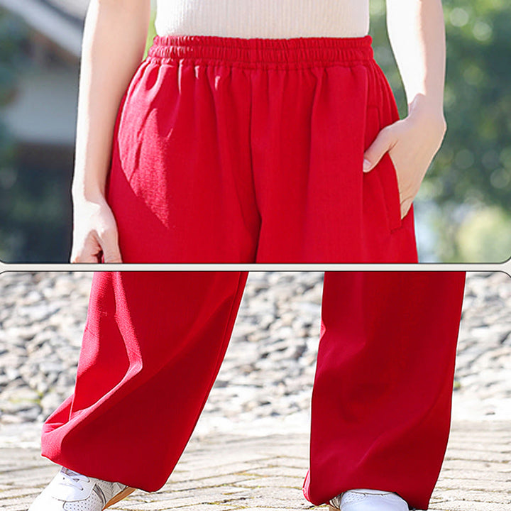 Buddha Stones Jesień Zima Unisex Elastyczna Tai Chi Qigong Praktyka Bawełna Len Polar Podszewka Spodnie Z Kieszeniami - image 11