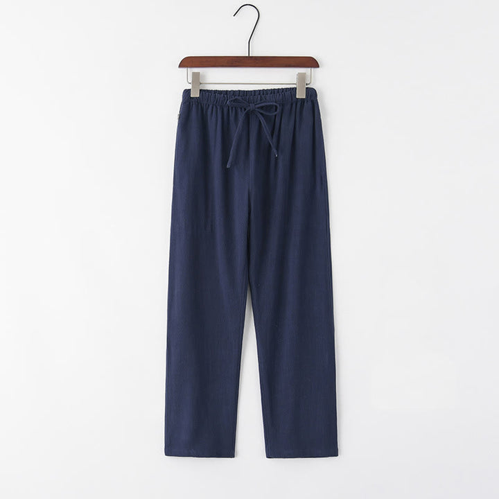 Buddha Stones Wiosna Lato Solidne Męskie Spodnie Lniane Ściągane Sznurkiem Z Kieszeniami - Stalowoniebieski - US/UK/AU44， EU54 (4XL) - image 4