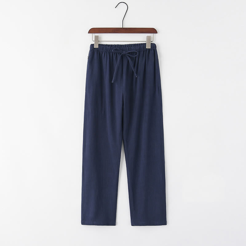 Buddha Stones Wiosna Lato Solidne Męskie Spodnie Lniane Ściągane Sznurkiem Z Kieszeniami - Stalowoniebieski - US/UK/AU44， EU54 (4XL) - image 4