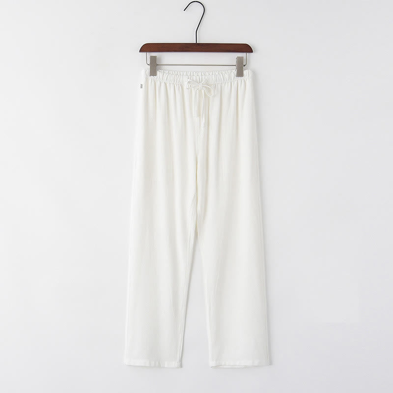 Buddha Stones Wiosna Lato Solidne Męskie Spodnie Lniane Ściągane Sznurkiem Z Kieszeniami - Biały - US/UK/AU44， EU54 (4XL) - image 1