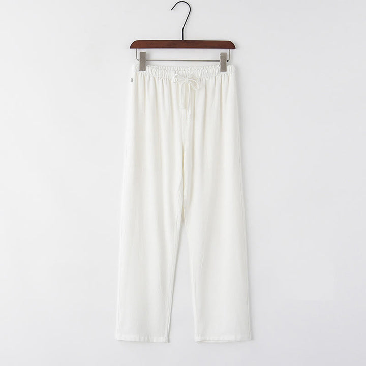 Buddha Stones Wiosna Lato Solidne Męskie Spodnie Lniane Ściągane Sznurkiem Z Kieszeniami - Biały - US/UK/AU44， EU54 (4XL) - image 1