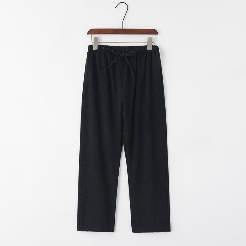 Buddha Stones Wiosna Lato Solidne Męskie Spodnie Lniane Ściągane Sznurkiem Z Kieszeniami - Czarny - US/UK/AU44， EU54 (4XL) - image 3