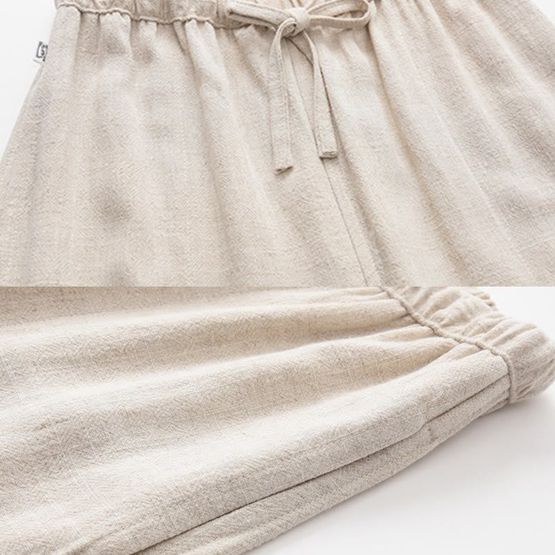 Buddha Stones Wiosna Lato Solidne Męskie Spodnie Lniane Ściągane Sznurkiem Z Kieszeniami - image 8