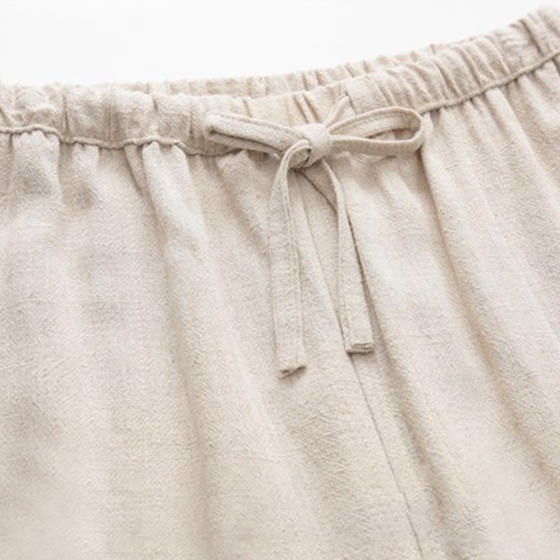 Buddha Stones Wiosna Lato Solidne Męskie Spodnie Lniane Ściągane Sznurkiem Z Kieszeniami - image 7