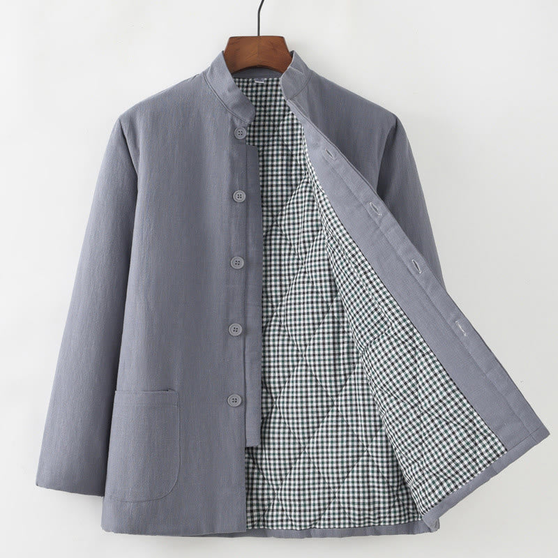 Buddha Stones Zimowy męski garnitur typu Tang z żabą i guzikami Lniana bawełniana kurtka z podszewką z polaru Koszula z kieszeniami - Szary - Zapięcie na guziki - US/UK/AU44， EU54 (4XL) - image 3