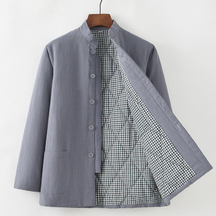 Buddha Stones Zimowy męski garnitur typu Tang z żabą i guzikami Lniana bawełniana kurtka z podszewką z polaru Koszula z kieszeniami - Szary - Zapięcie na guziki - US/UK/AU44， EU54 (4XL) - image 3