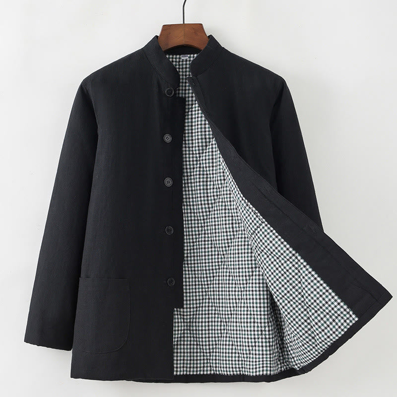 Buddha Stones Zimowy męski garnitur typu Tang z żabą i guzikami Lniana bawełniana kurtka z podszewką z polaru Koszula z kieszeniami - Czarny - Zapięcie na guziki - US/UK/AU44， EU54 (4XL) - image 12