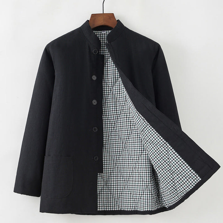 Buddha Stones Zimowy męski garnitur typu Tang z żabą i guzikami Lniana bawełniana kurtka z podszewką z polaru Koszula z kieszeniami - Czarny - Zapięcie na guziki - US/UK/AU44， EU54 (4XL) - image 12