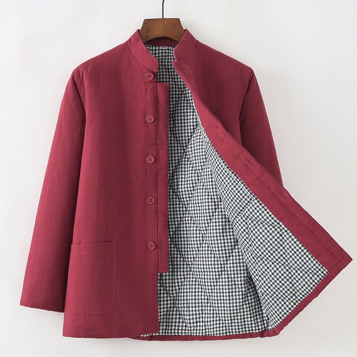 Buddha Stones Zimowy męski garnitur typu Tang z żabą i guzikami Lniana bawełniana kurtka z podszewką z polaru Koszula z kieszeniami - Cegła ogniotrwała - Zapięcie na guziki - US/UK/AU44， EU54 (4XL) - image 13