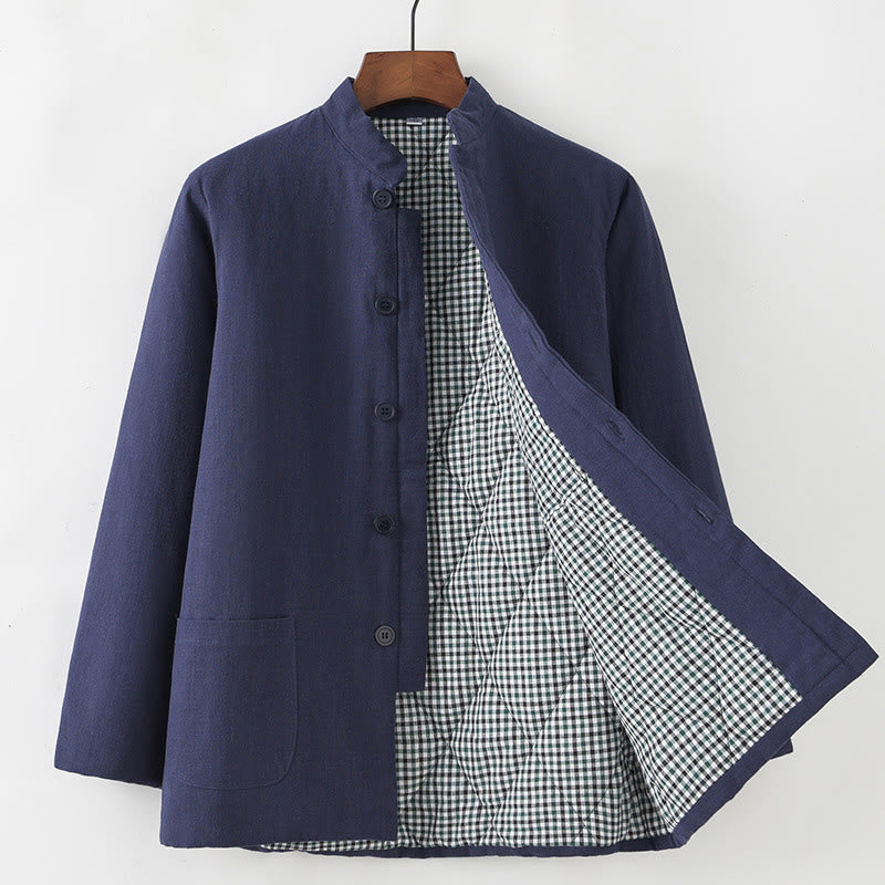 Buddha Stones Zimowy męski garnitur typu Tang z żabą i guzikami Lniana bawełniana kurtka z podszewką z polaru Koszula z kieszeniami - Stalowoniebieski - Zapięcie na guziki - US/UK/AU44， EU54 (4XL) - image 0