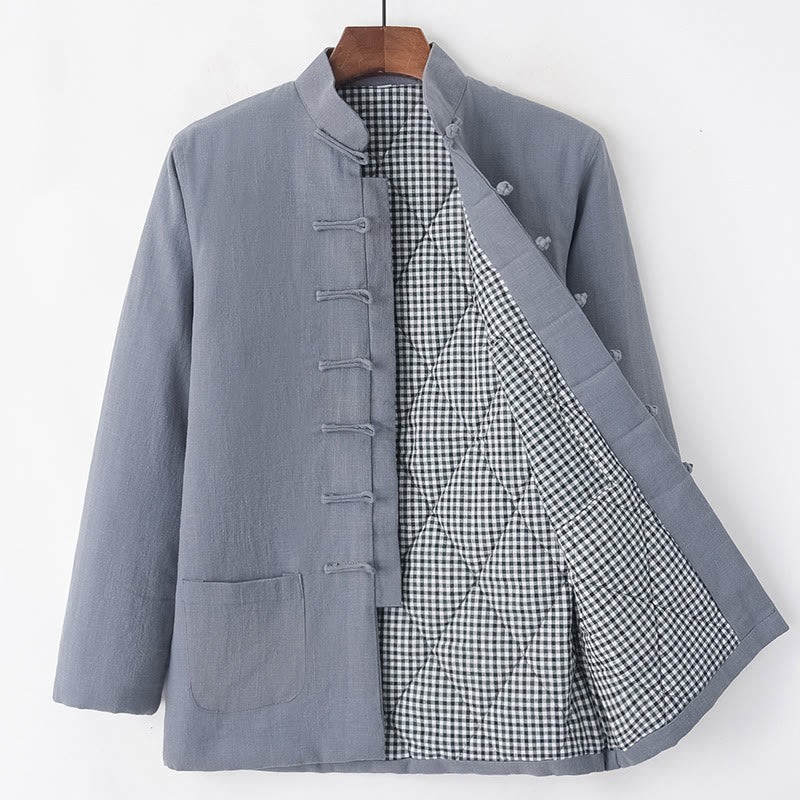 Buddha Stones Zimowy męski garnitur typu Tang z żabą i guzikami Lniana bawełniana kurtka z podszewką z polaru Koszula z kieszeniami - Szary - Żaba-Guzik - US/UK/AU44， EU54 (4XL) - image 15