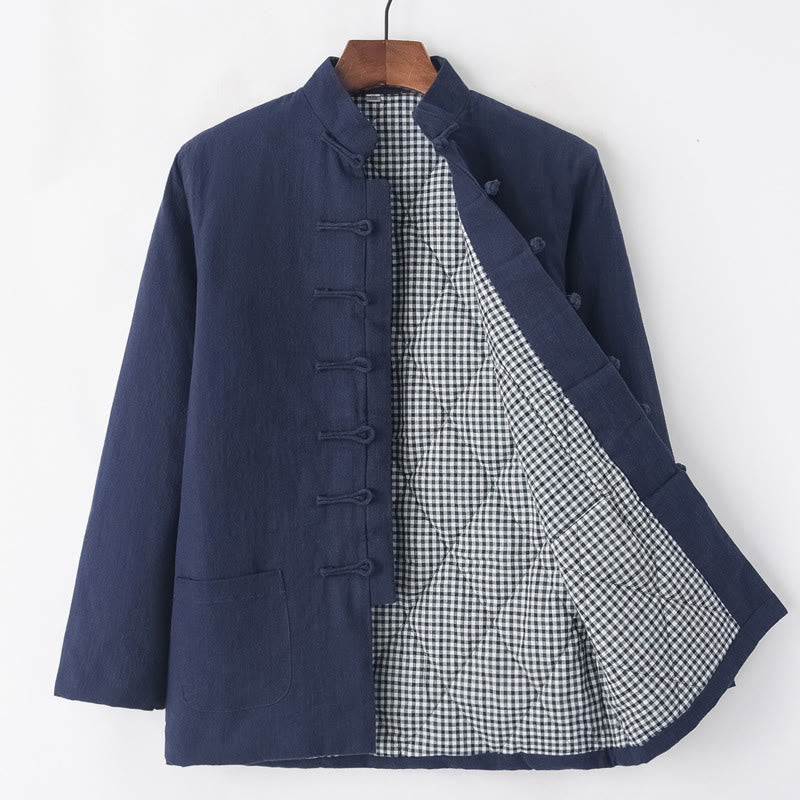 Buddha Stones Zimowy męski garnitur typu Tang z żabą i guzikami Lniana bawełniana kurtka z podszewką z polaru Koszula z kieszeniami - Stalowoniebieski - Żaba-Guzik - US/UK/AU44， EU54 (4XL) - image 14