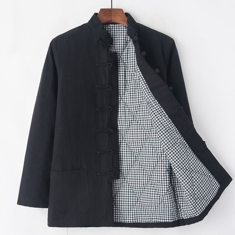 Buddha Stones Zimowy męski garnitur typu Tang z żabą i guzikami Lniana bawełniana kurtka z podszewką z polaru Koszula z kieszeniami - Czarny - Żaba-Guzik - US/UK/AU44， EU54 (4XL) - image 16