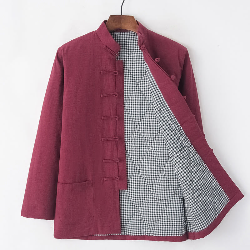 Buddha Stones Zimowy męski garnitur typu Tang z żabą i guzikami Lniana bawełniana kurtka z podszewką z polaru Koszula z kieszeniami - Cegła ogniotrwała - Żaba-Guzik - US/UK/AU44， EU54 (4XL) - image 17