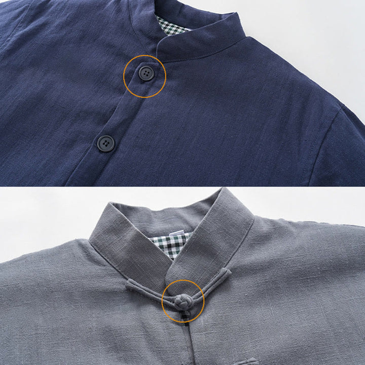 Buddha Stones Zimowy męski garnitur typu Tang z żabą i guzikami Lniana bawełniana kurtka z podszewką z polaru Koszula z kieszeniami - image 1