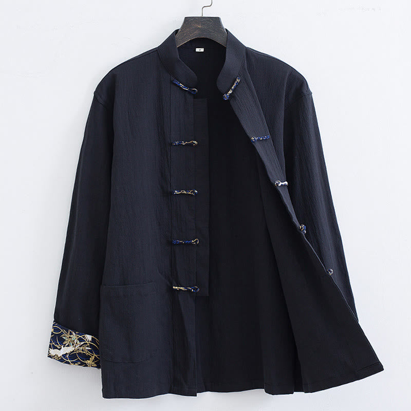 Buddha Stones Męski Żabkowy Garnitur Tang Bawełna Biały Żuraw Haft Kurtka Koszula Koszula Z Kieszeniami - image 2