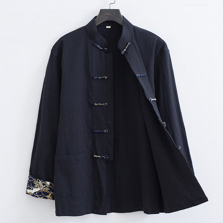 Buddha Stones Męski Żabkowy Garnitur Tang Bawełna Biały Żuraw Haft Kurtka Koszula Koszula Z Kieszeniami - image 2