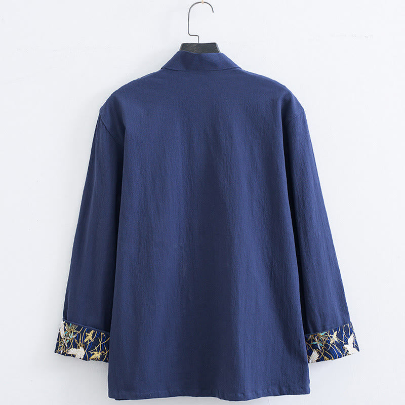 Buddha Stones Męski Żabkowy Garnitur Tang Bawełna Biały Żuraw Haft Kurtka Koszula Koszula Z Kieszeniami - image 11