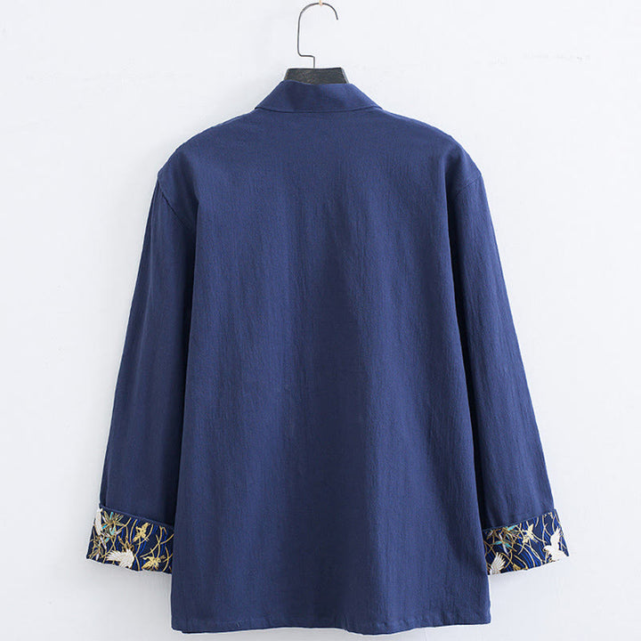 Buddha Stones Męski Żabkowy Garnitur Tang Bawełna Biały Żuraw Haft Kurtka Koszula Koszula Z Kieszeniami - image 11